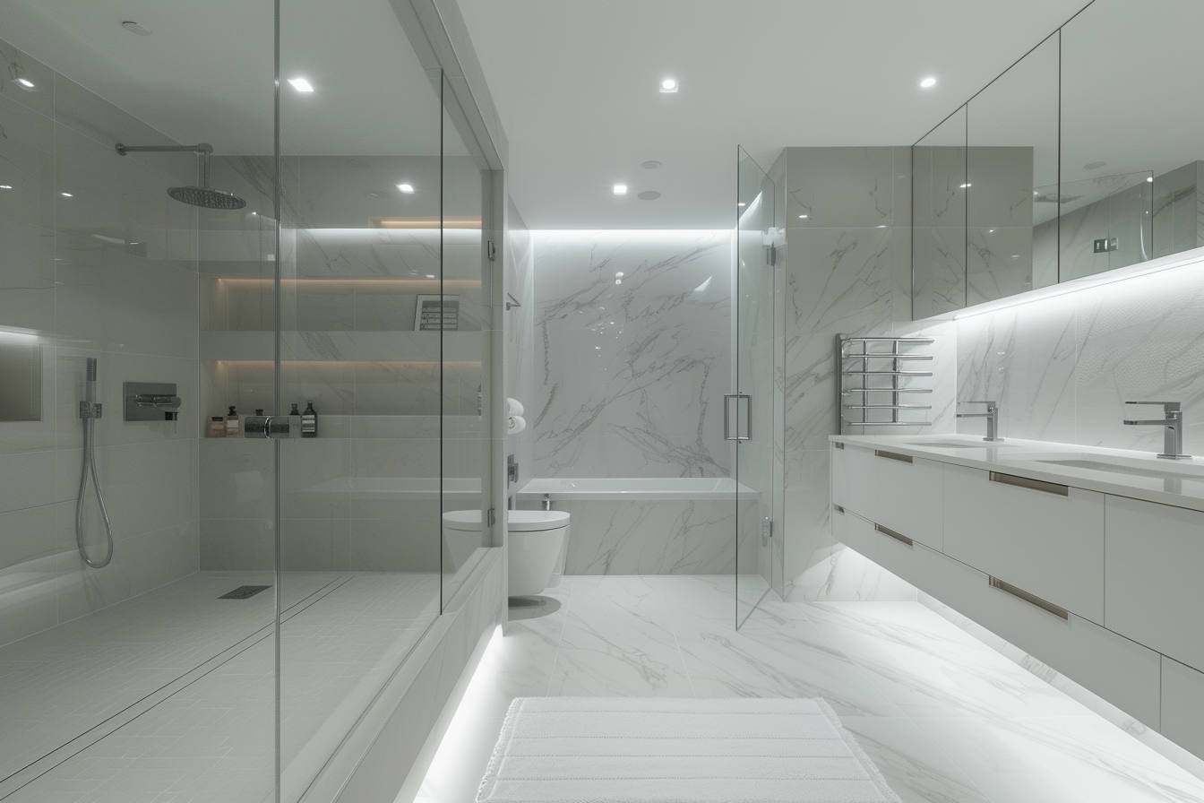 샤워부스가 고정 유리로 구획되고 바닥 트렌치가 설치된 욕실에서, 벽면 간접조명과 니치 선반이 조화를 이루며 깔끔하고 현대적인 분위기를 보여주는 장면