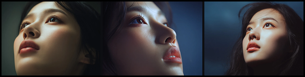 시네마틱 클로즈업, 위를 올려다보는 한국 여성 모델의 눈빛, 기대감과 드라마틱한 상단 조명 연출 이미지_Midjourney