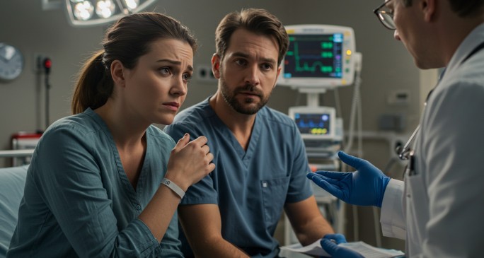 뇌색전증 증상 발현 후 의사선생님으로부터 향후 치료에 대해 설명을 듣는 부부