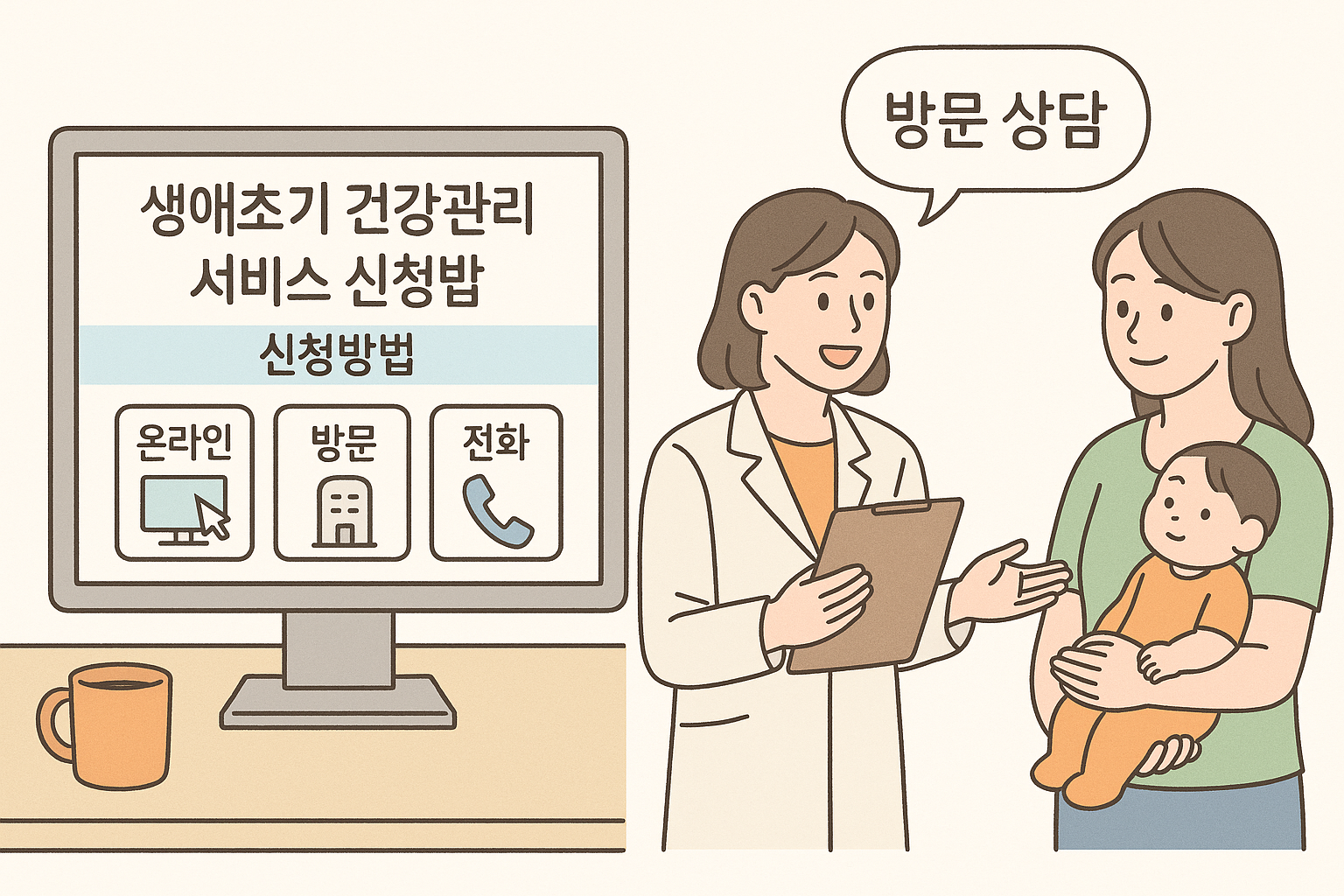 생애초기 건강관리 서비스 신청 방법과 방문 상담 장면