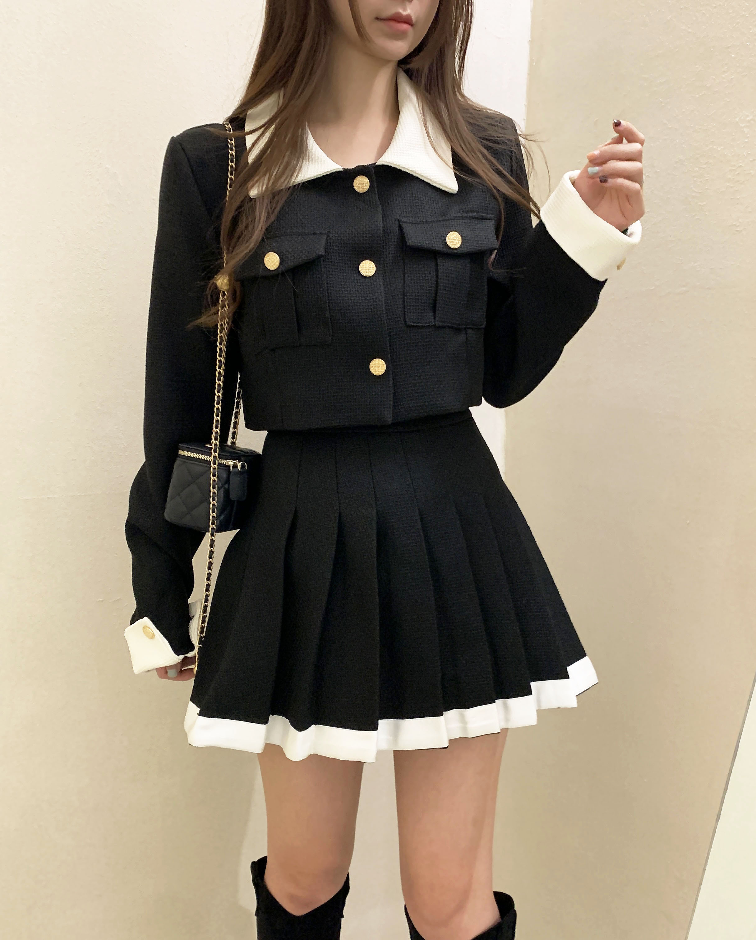 어니스트 비엘 트위드 플리츠 자켓 스커트 투피스 SET