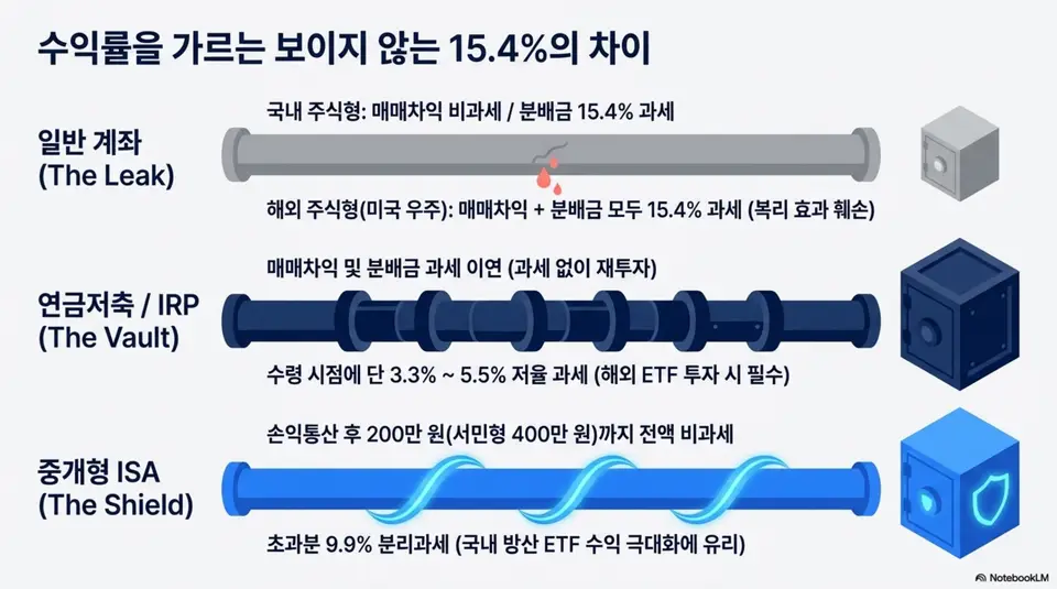 방산, 우주항공 ETF: 방산 ETF 수익률을 가르는 15.4퍼센트 세금 차이 비교 인포그래픽. 일반 계좌와 연금저축 IRP 그리고 중개형 ISA 계좌별 매매차익 과세와 분배금 과세 구조를 파이프 그래픽으로 시각화