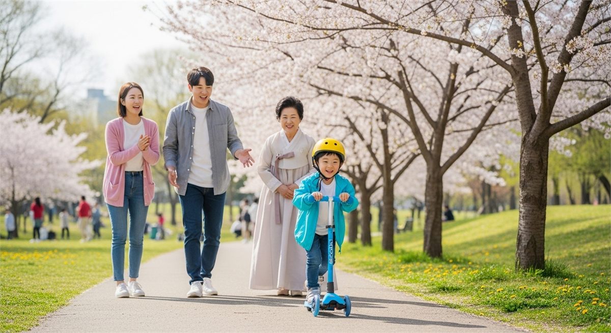 공원에서 킥보드를 타며 노는 아이와 가족의 봄 나들이 장면 