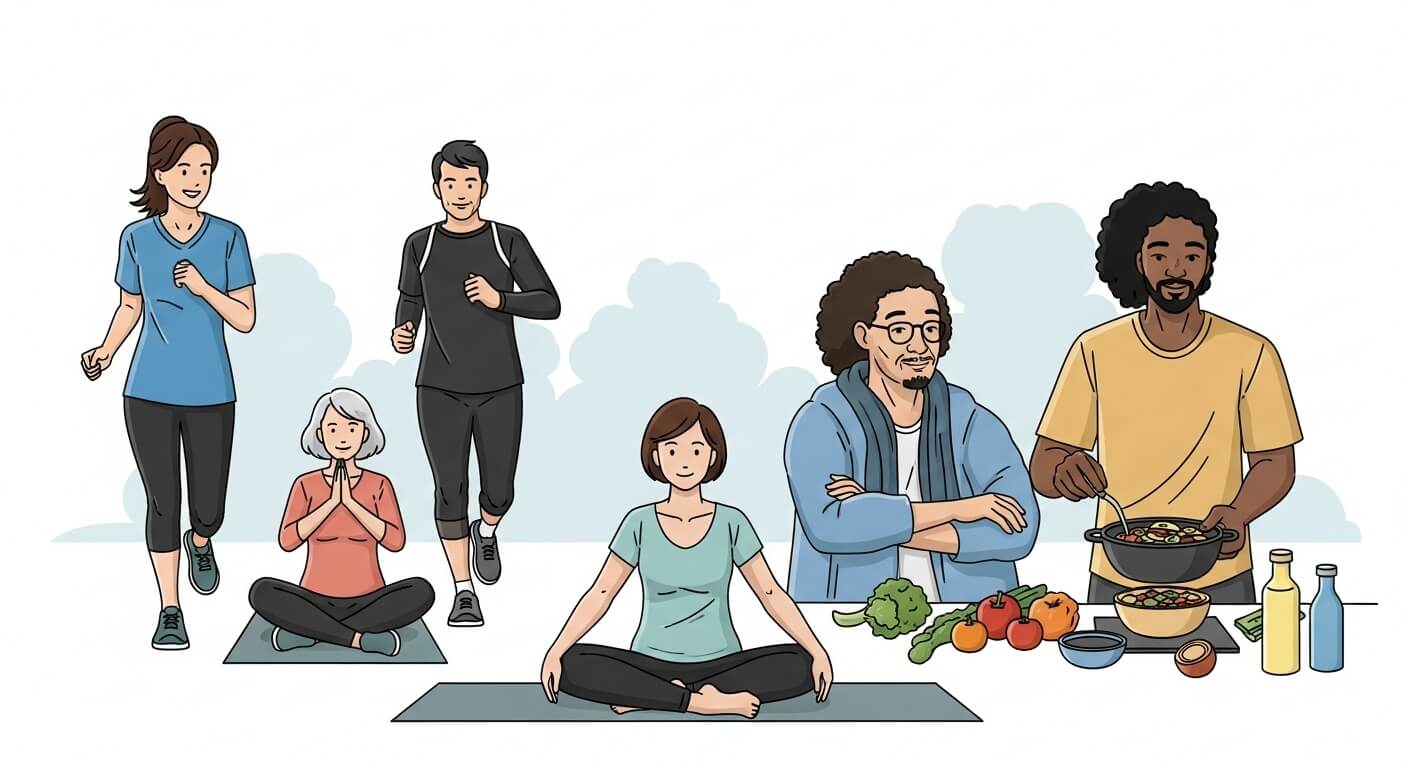 폐암 예방을 위한 생활습관 : 건강한 생활습관 (규칙적인 운동&amp;#44; 충분한 수분 섭취&amp;#44; 스트레스 관리&amp;#44; 균형적인 식단 유지)