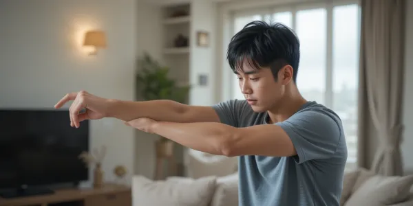 거실에서 팔 스트레칭을 하며 팔근육 떨림 완화를 시도하는 남성
