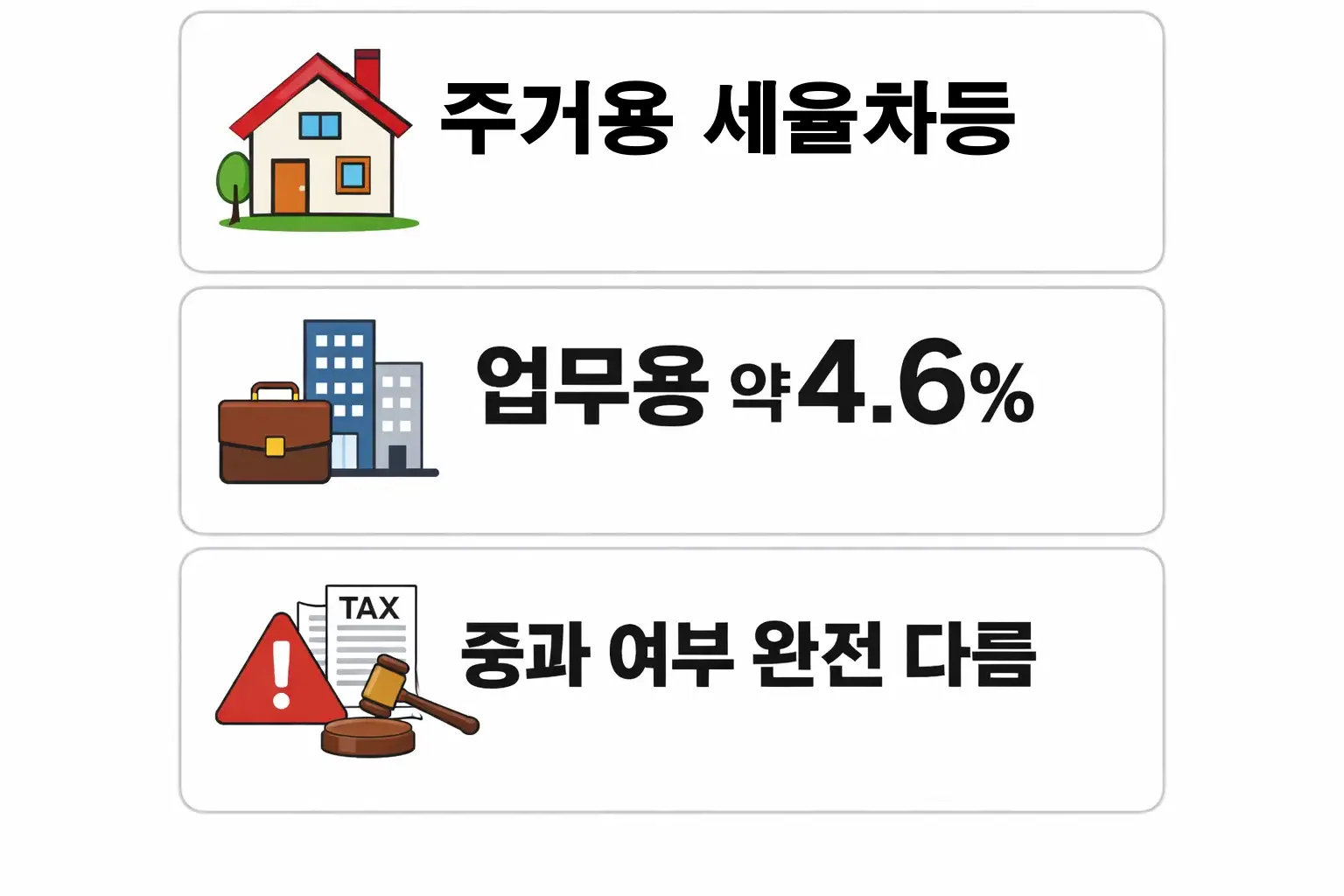 오피스텔 취득세 등록세 계산기 적용 시 용도에 따른 세율 차이와 중과 적용 여부를 비교한 이미지