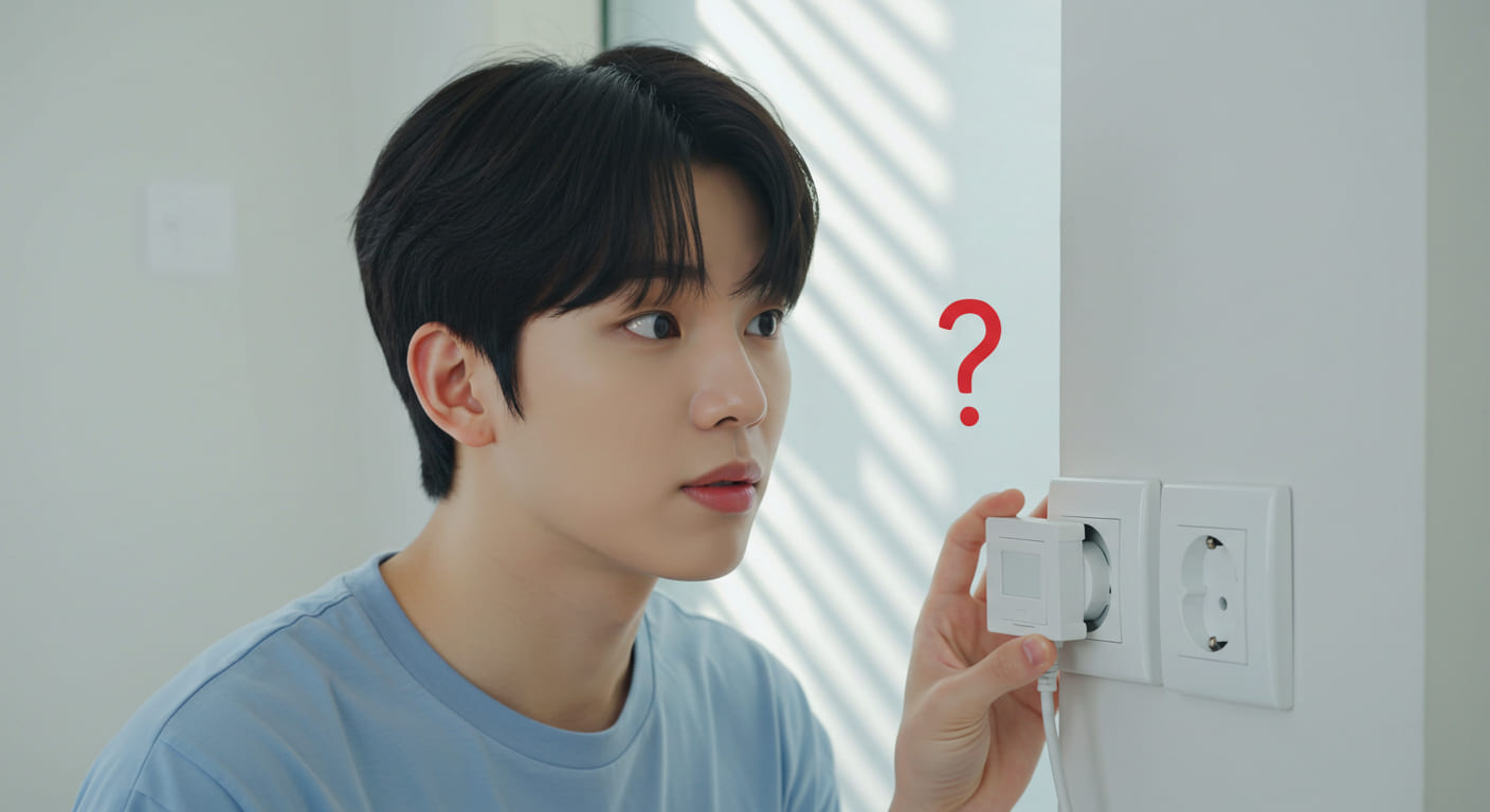 일본 콘센트를 보며 고민하는 귀여운 한국인 남성