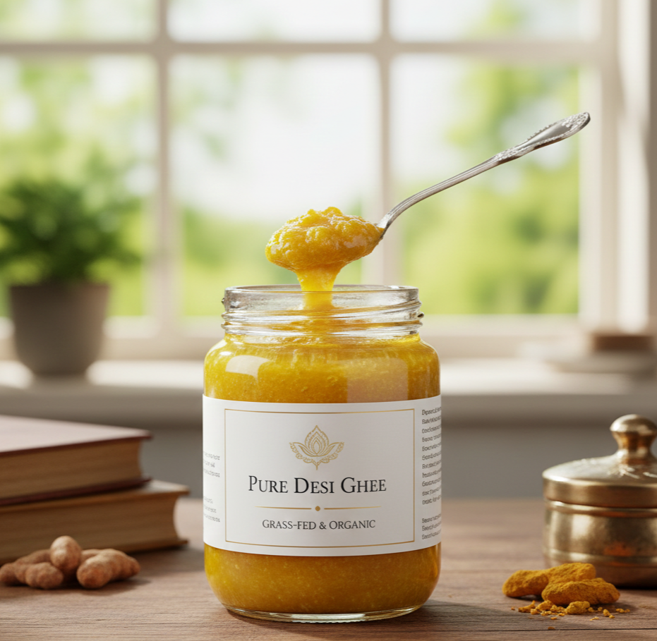 투명한 유리병에 담긴 황금빛 기버터(Ghee)와 그 옆에 놓인 나무 숟가락, 따뜻하고 감성적인 주방 배경의 고화질 이미지