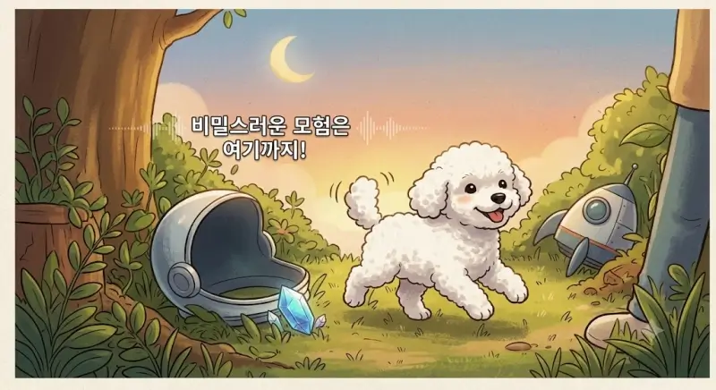 다시 지구의 평화로운 마당으로 돌아와 헬멧을 벗고 주인을 향해 반갑게 달려가는 행복한 표정의 코코.