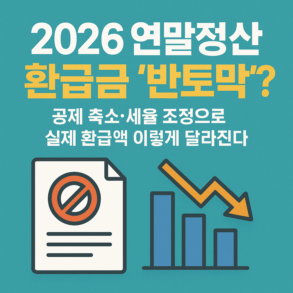 &ldquo;2026 연말정산 환급금 &lsquo;반토막&rsquo;? &mdash; 공제 축소&middot;세율 조정으로 실제 환급액 이렇게 달라진다&rdquo;
2026 연말정산,연말정산 환급금,2026 세금 개편,근로소득공제 축소,신용카드 소득공제,2026 공제 변경,환급금 줄어듦,2026 세제개편 분석,직장인 세금팁,연말정산 대비법
