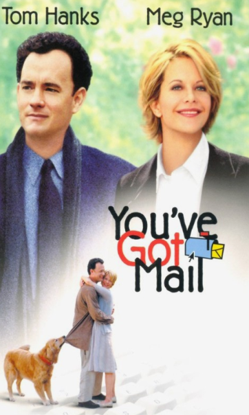 유브갓 메일 영화 포스터 남녀 주인공이 거리를 나란히 걷고 있는모습이 보이고 아래에는 남녀 주인공이 서로 포옹을 하고 있는 모습이다. 갈색의 강아지가 남자주인공의 옷을 입으로 잡아 당기면서 우스꽝 스러운 모습도 연출된다.