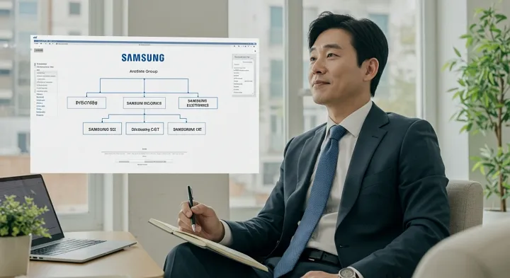 삼성 그룹 구조를 통해 지주회사 투자 포인트를 살펴보는 장면