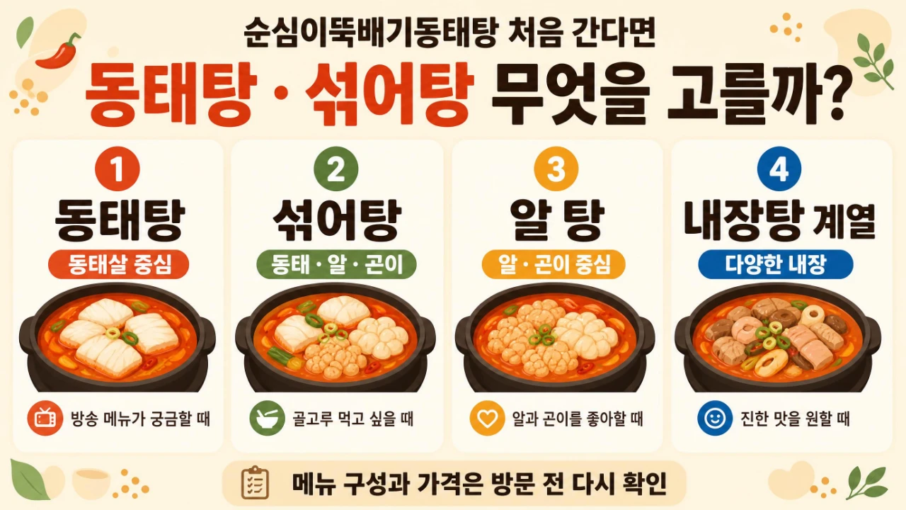 김포 순심이뚝배기동태탕에서 동태탕 섞어탕 알탕 내장탕 선택 기준을 정리한 이미지