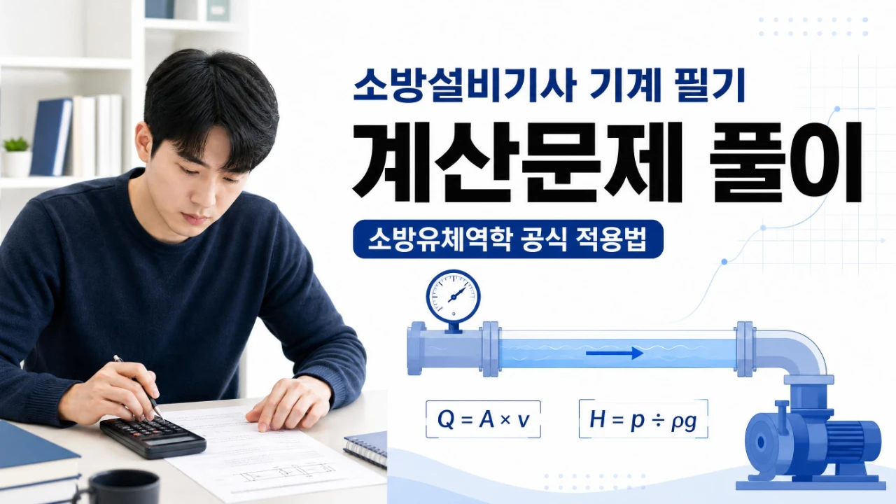 소방설비기사 기계 필기 계산문제와 소방유체역학 공식 적용법을 설명하는 이미지