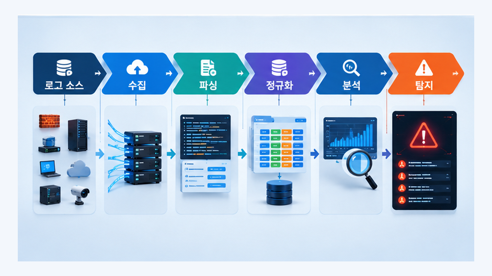 로그 소스에서 수집과 파싱, 정규화, 분석을 거쳐 탐지로 이어지는 SIEM 데이터 처리 과정