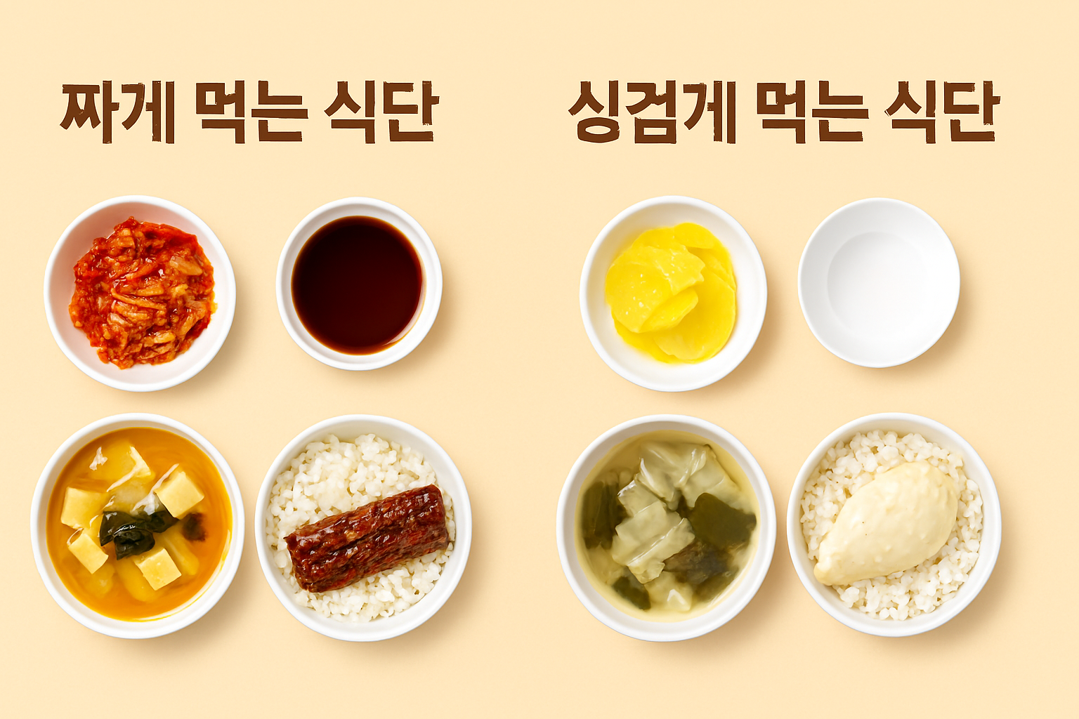 짜게 먹는 식단과 싱겁게 먹는 식단 비교 음식 이미지