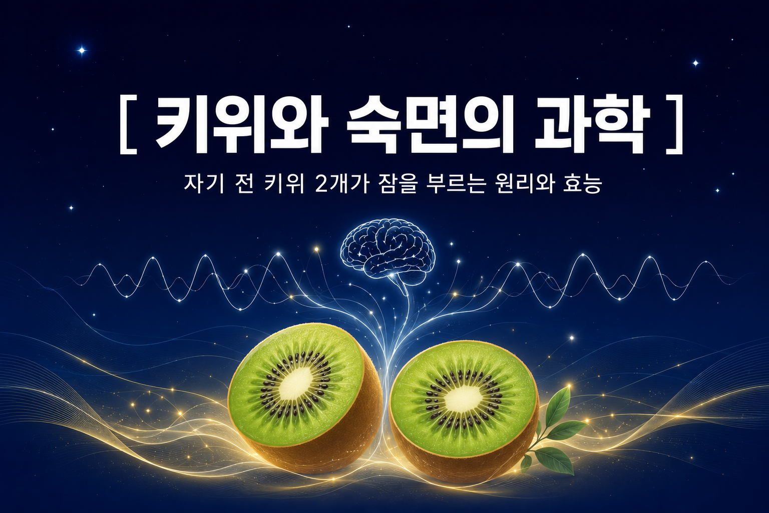 어두운 인디고 배경 속 은은하게 빛나는 키위 2개 일러스트와 파동 그래픽을 통해 세로토닌과 항산화의 신경 이완 효과를 표현한 깊은잠 연구소의 수면 영양학 일러스트 썸네일. 상단에는 한글로 "[ 키위와 숙면의 과학 ]"이라는 타이틀과 "자기 전 키위 2개가 잠을 부르는 원리와 효능"이라는 부제가 적혀 있다.