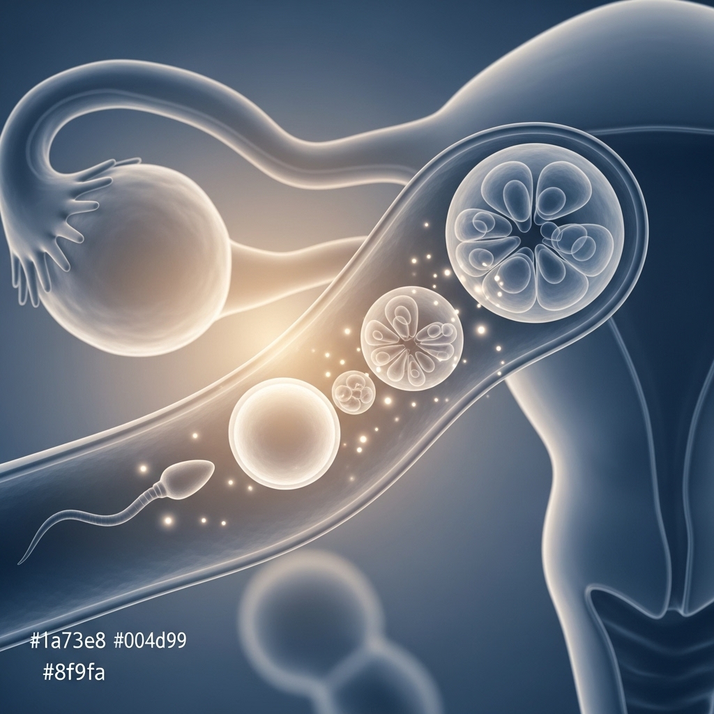 인간의 수정 및 초기 배아 발달 과정을 추상적으로 표현한 삽화. 난자와 정자가 만나 수정되고 자궁에 착상하는 과정을 섬세하게 묘사하여 생명의 시작을 은유적으로 보여줍니다.
