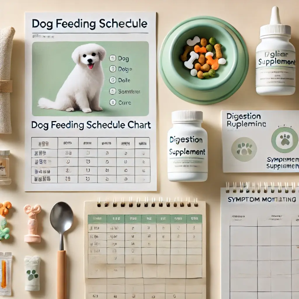 하얀 배경 위에 소량 급식 접시, 소화 보조제, 반려견 식사 스케줄 차트, 증상 체크 노트가 정리된 스튜디오컷 이미지 (텍스트 없음)