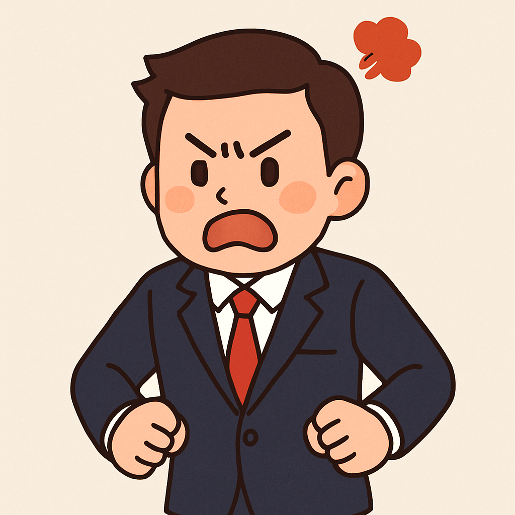정장을 입고 화난 표정을 짓고 있는 남성 구직자의 귀여운 일러스트. 실망하거나 분노한 면접 상황을 표현함.