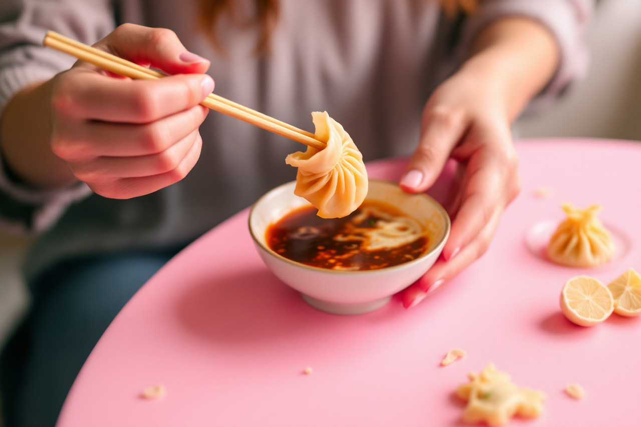 샤오롱바오 젓가락으로 들고있는 모습