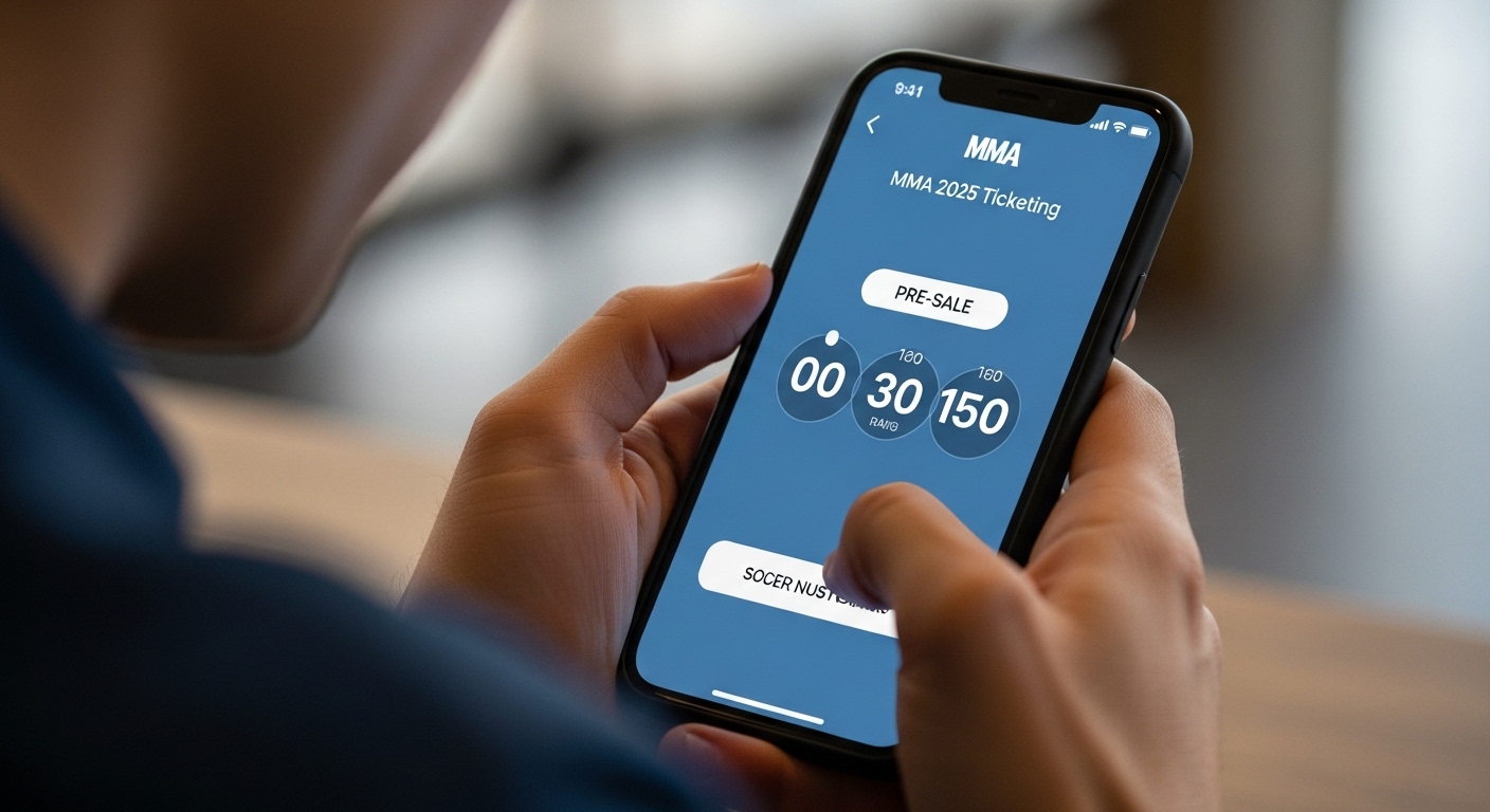 스마트폰으로 멜론뮤직어워드 2025 티켓팅 앱을 보며 카운트다운을 기다리는 긴장된 손의 클로즈업. 파란색 인터페이스가 돋보인다.