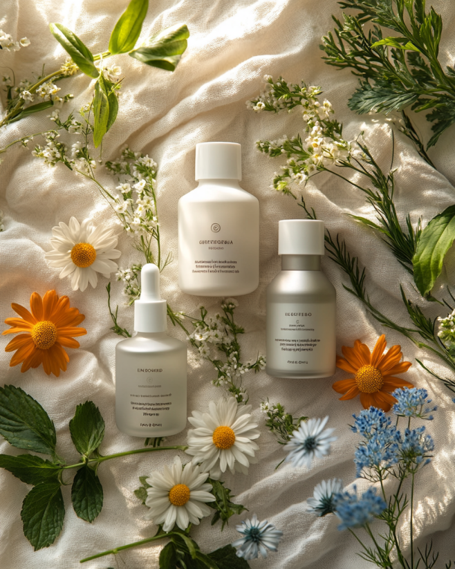 민감성 피부를 위한 저자극 화장품 추천- 순수함을 강조하긴 위한 화장품 사진(식물들 사이에 배치)