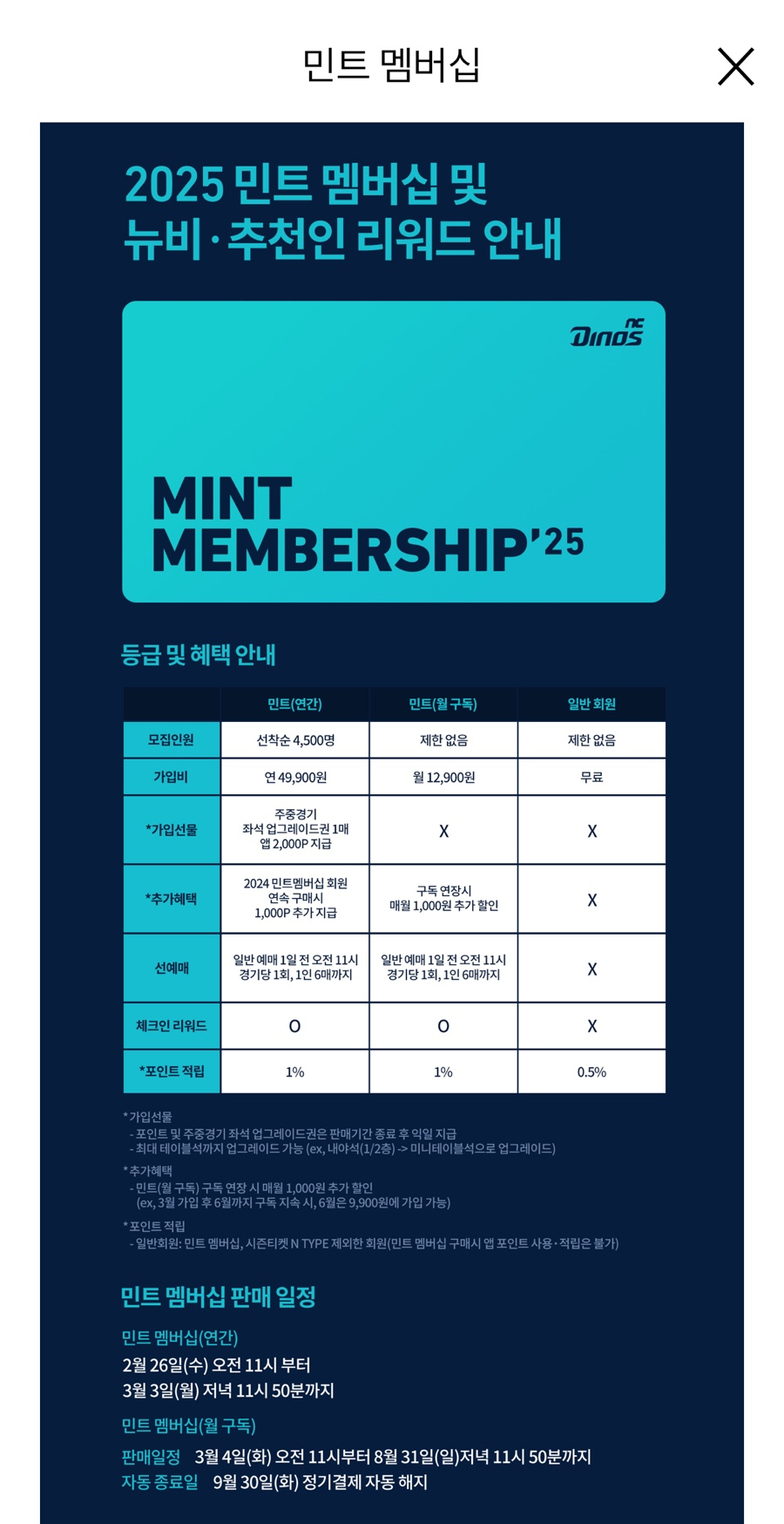 NC다이노스 민트 멤버십 시즌권 혜택 및 가격 안내