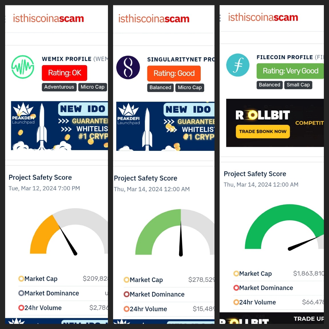 is this coin a scam 검색 결과, 코인 ticker를 검색하면 safety score를 제공해 준다.