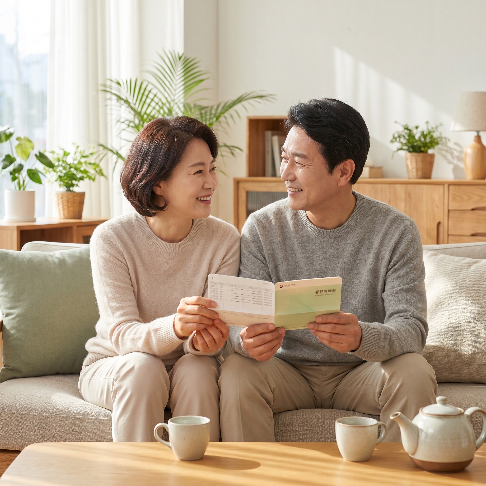 햇살이 내리쬐는 거실에서 저축 통장을 함께 바라보며 환하게 미소 짓고 있는 평화로운 한국인 커플의 모습. 경제적 안정감을 느끼는 행복한 순간을 담은 8k 고품질 라이프스타일 사진.