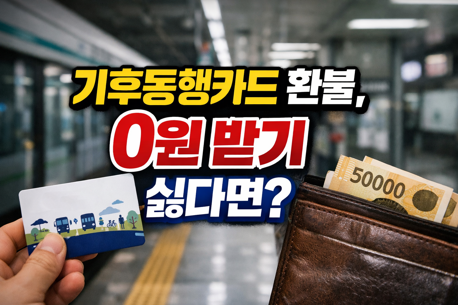 기후동행카드 환불 0원 사례를 설명하는 썸네일 이미지, 지하철 배경과 교통카드, 지갑과 현금이 함께 보이는 장면