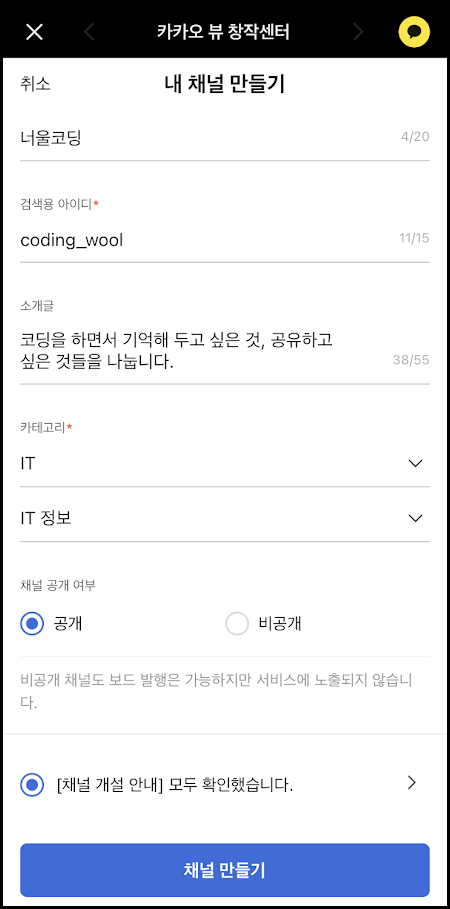 채널 정보 입력