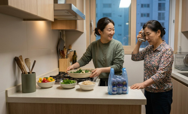 건강한 식사를 준비하거나 가볍게 걷기 운동을 하는 일상적인 라이프스타일 사진