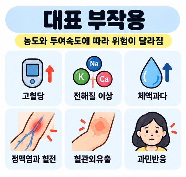 포도당 주사의 대표 부작용인 고혈당, 전해질 이상, 체액과다, 정맥염과 혈전, 혈관외유출, 과민반응을 정리한 카드