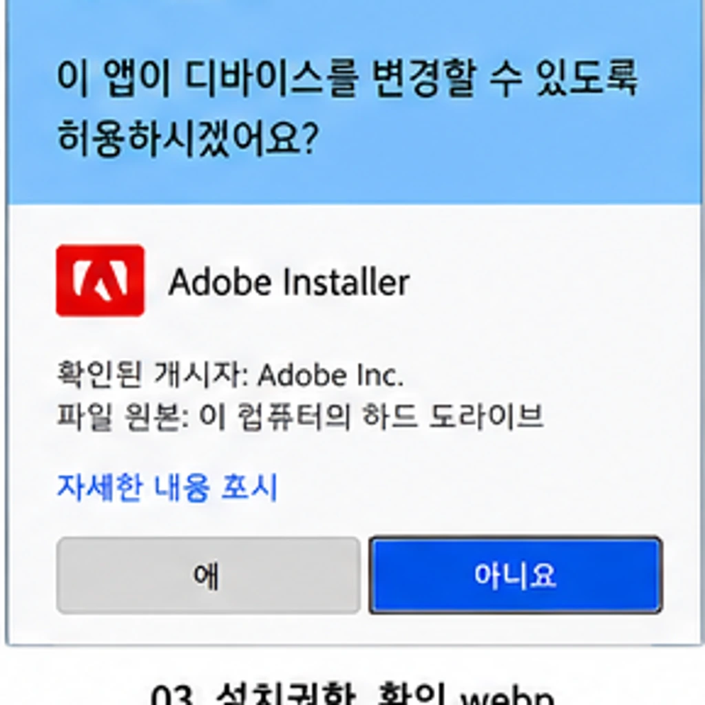포토샵 업데이트 설치 중 Windows 사용자 계정 컨트롤 관리자 권한 요청 화면