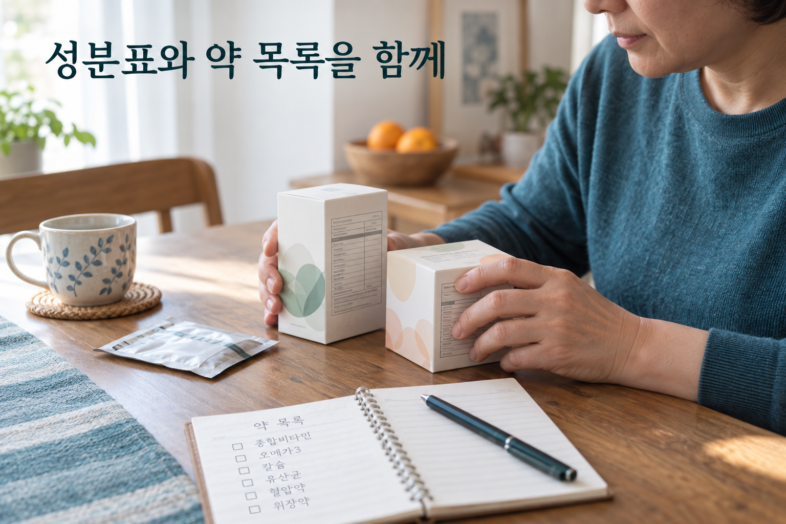 비타민C 상담을 위해 영양제 성분표와 복용 약 목록을 준비하는 모습