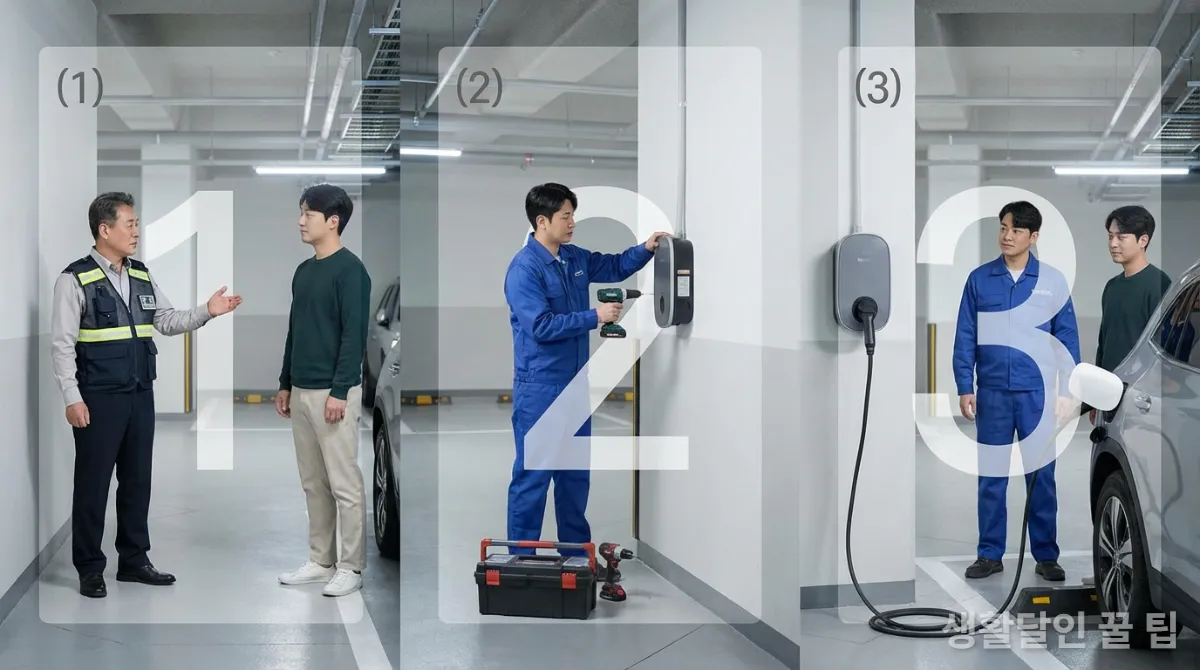 아파트 전기차 충전기 설치 절차를 보여주는 단계별 이미지