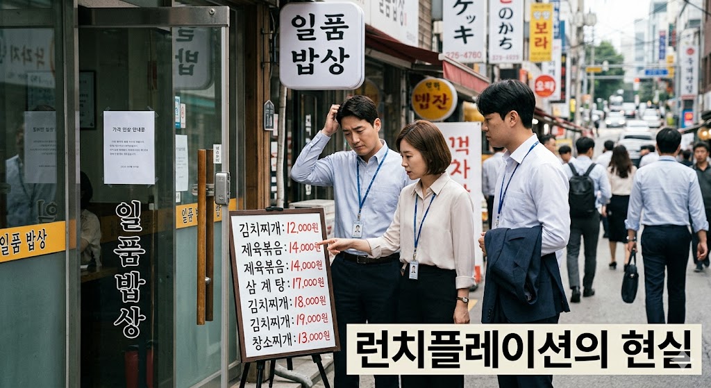 런치플레이션의 현실이라는 자막과 함께 식당 앞 메뉴판 가격을 보며 고민하는 한국 직장인들의 모습