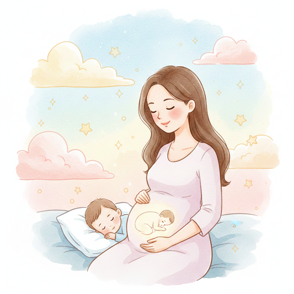 임신 중 불안감을 극복하고 평온을 찾은 임산부와 뱃속의 아기를 표현한 수채화풍 삽화