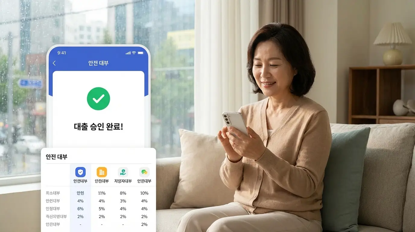 스마트폰 대부 중개 앱을 통해 내 조건에 맞는 안전한 대부 업체를 비교하고 승인받아 안도하는 소비자의 모습
