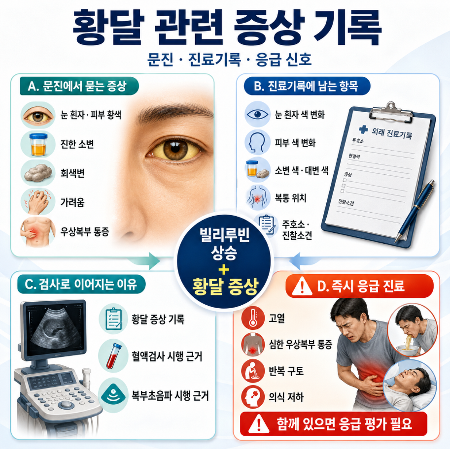 황달 관련 증상, 진료기록 기재 항목, 검사 시행 이유, 응급 진료 신호를 정리한 메디컬 인포그래픽