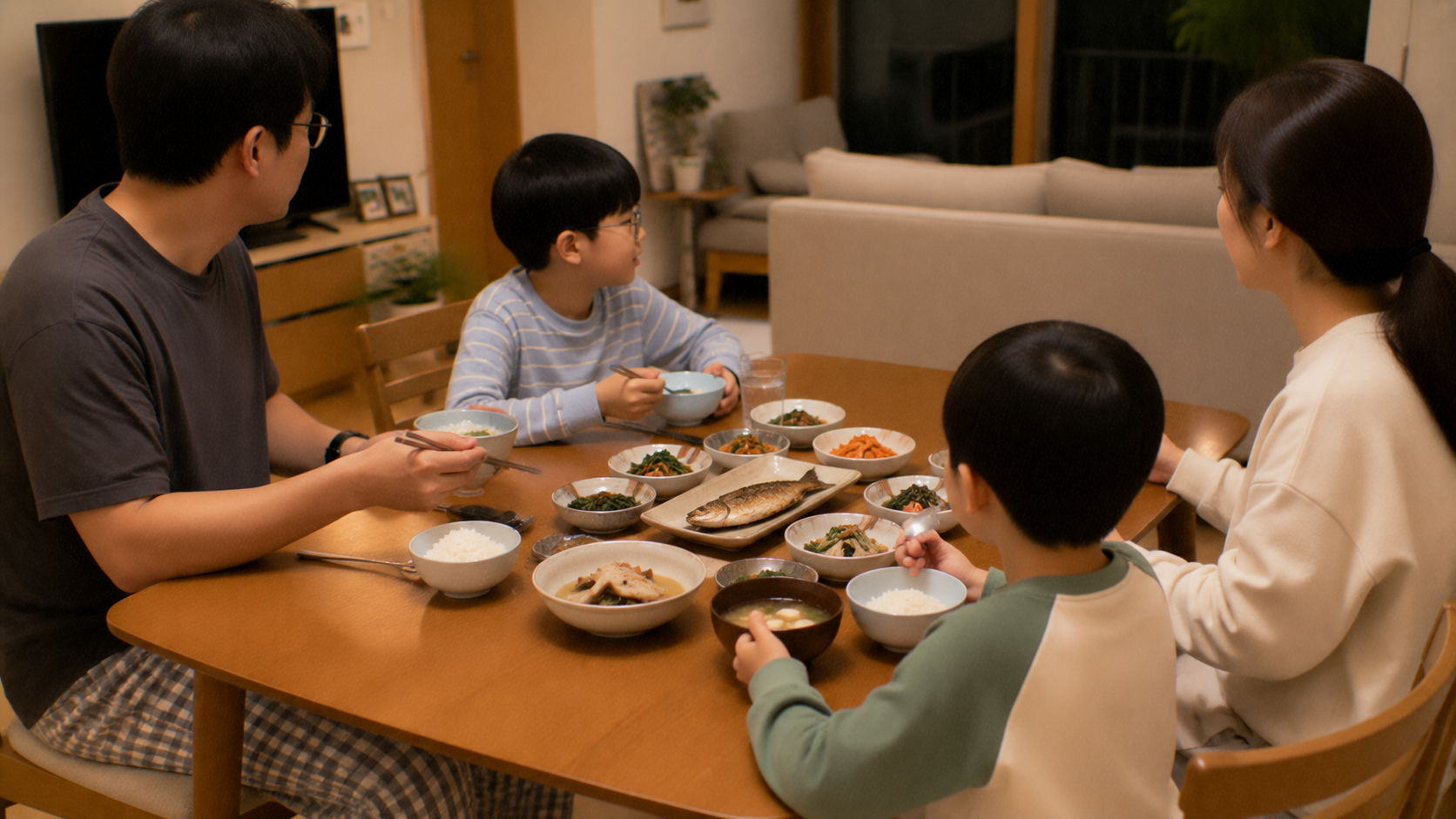 저녁 식탁에서 함께 식사하는 가족
