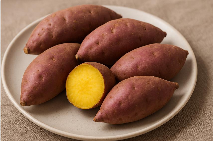 접시에 담긴 삶은 고구마