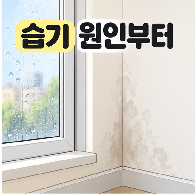 습기 원인부터 문구 아래 물방울이 맺힌 창유리와 창가 벽 모서리의 습기 자국을 보여주는 그림