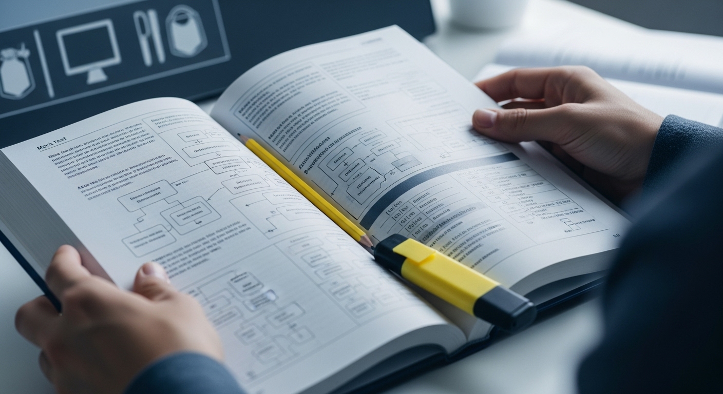 컴퓨터활용능력 2급 필기 시험 준비를 위해 두꺼운 문제집을 펼쳐 공부하는 손.