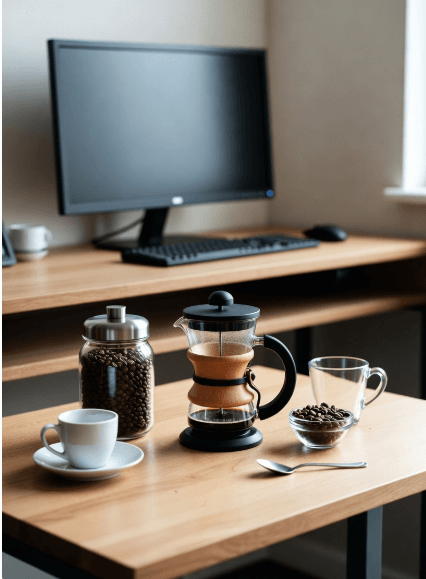 좁은 책상의 미학 (오피스 공간 활용, 매너,실용성, 브루잉 루틴, 사무실 홈카페' 데스크테리어 가이드)