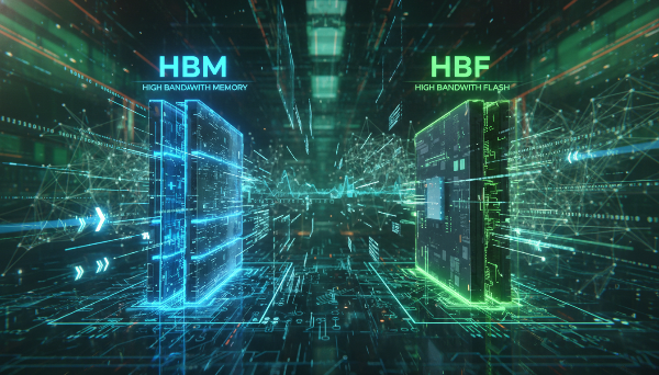 HBM과 HBF, 두 차세대 메모리 기술이 경쟁하는 미래 데이터센터의 모습. 고대역폭을 상징하는 HBM과 인메모리 연산을 상징하는 HBF가 대결 구도를 이루고 있다.