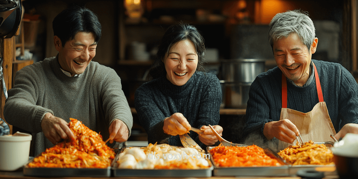 가족이 모여 즐겁게 김치를 담그고 있는 모습