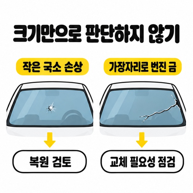 작은 국소 손상은 복원을 검토하고 가장자리로 번진 금은 교체 필요성을 점검한다는 앞유리 비교 도식