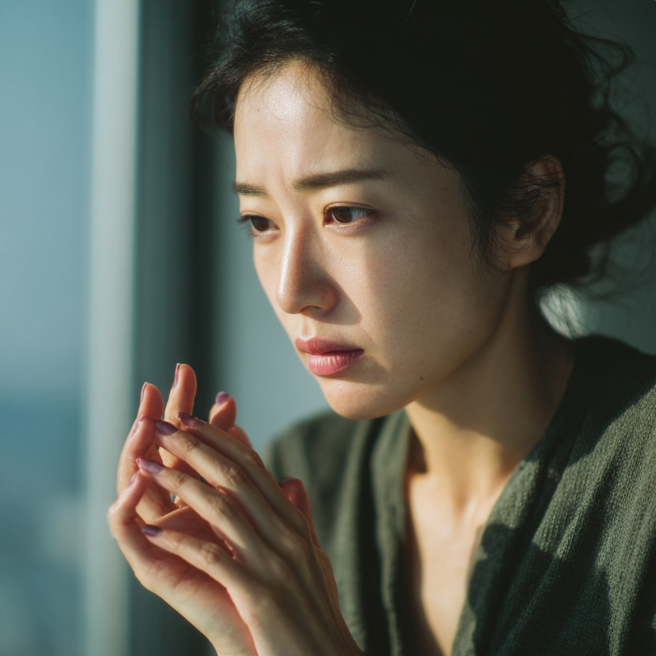 손톱세로줄로 인한 걱정스러운 표정의 여성